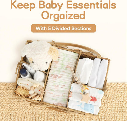 Diaper Caddy Organizer, Hand Rattan Nursery Storage Basket for Baby Essentials, Baby Changing Table Organizer Perfect Nursery Assistant, Easy Assemble (Natural Light, L)