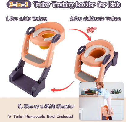 3 in 1 Toddler Potty Training Seat Chair with Ladder and Basin for Boys and Girls, Adjustable Kids Potty Training Seat for Toilet with Anti-Slip Wide Steps and Safety Handles (Green)