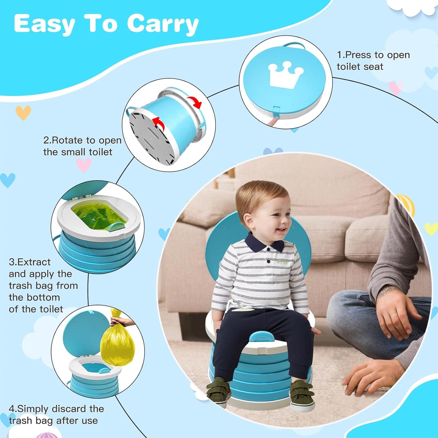 Portable Potty Chair for Toddlers with Splash-Proof Design, Foldable Travel Potty with Bag & 30 Refills - Kids Toilet for Car, Camping, Indoor - Easy Clean Baby Potty Training Seat(Red-blue)