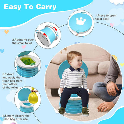 Portable Potty Chair for Toddlers with Splash-Proof Design, Foldable Travel Potty with Bag & 30 Refills - Kids Toilet for Car, Camping, Indoor - Easy Clean Baby Potty Training Seat(Red-blue)