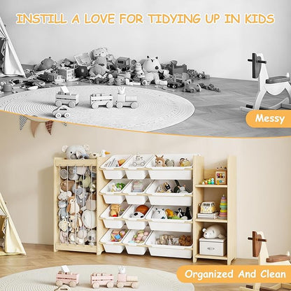 EXPERLAM 3-in-1 Toy Storage Organizer, Stuffed Animal Holder & 3-Tier Bookcase, Solid Wood Toy Organizer with 12 Storage Bins, Space-Saving Toy & Book Shelf for Kids Rooms, Bedroom, Playroom, White