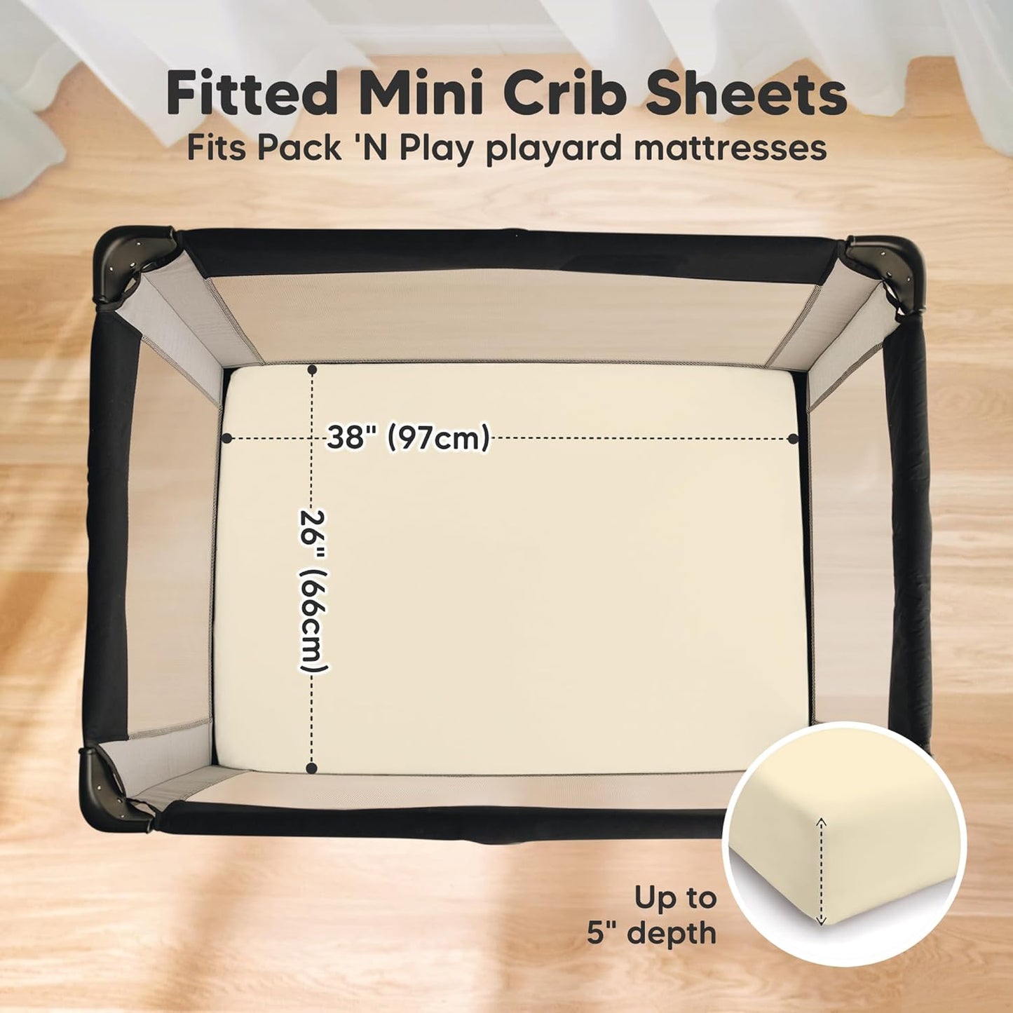 2 Pack and Play Sheets, Waterproof Mini Crib Sheets Fitted - 38x26 Organic Cotton Pack N Play Sheets for Graco Pack and Play Mattress, Playard Baby Crib Sheets,Neutral for Boy,Girl,Toddler(KeaSafari)