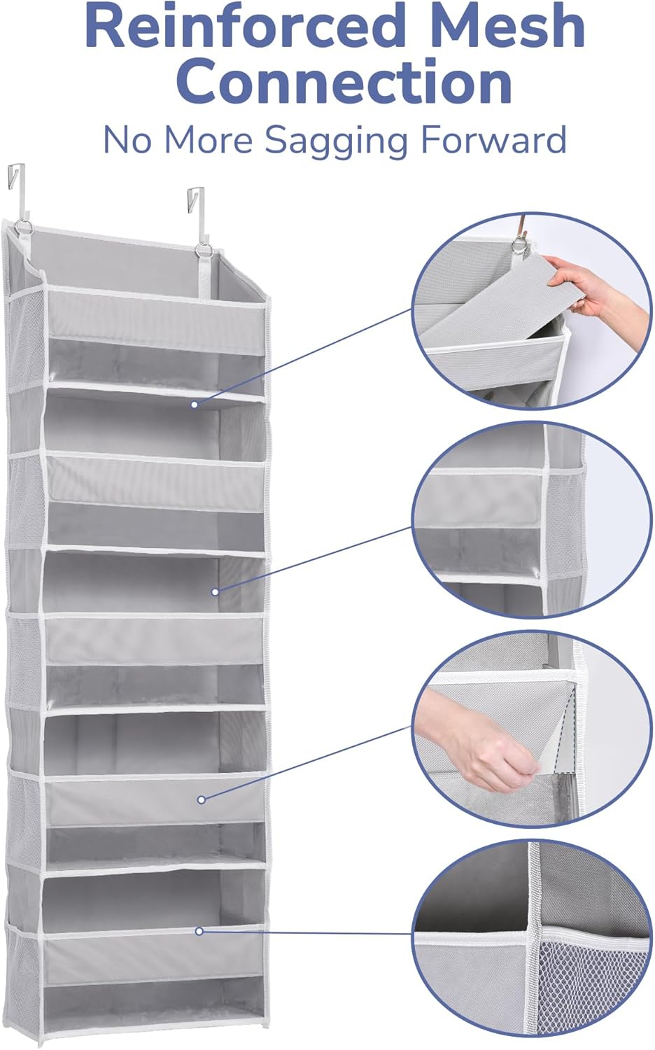 ULG 1 Pack Over Door Organizer with 5 Large and 10 Mesh Side Pockets, 44 lbs Weight Capacity Hanging Storage with Clear Window Kids Toys, Shoes, Diapers, Dark Grey, 5 Layers