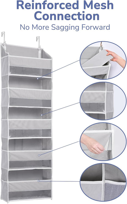 ULG 1 Pack Over Door Organizer with 5 Large and 10 Mesh Side Pockets, 44 lbs Weight Capacity Hanging Storage with Clear Window Kids Toys, Shoes, Diapers, Dark Grey, 5 Layers