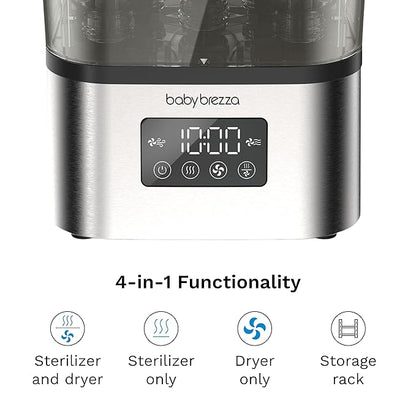 Baby Brezza 10 Minute SuperQuick Bottle Sterilizer + Dryer - Large 8 Bottle Capacity - Steam Sanitization – Universal Fit for All Bottles: Plastic + Glass + Pacifiers + Breast Pump Parts, Stainless