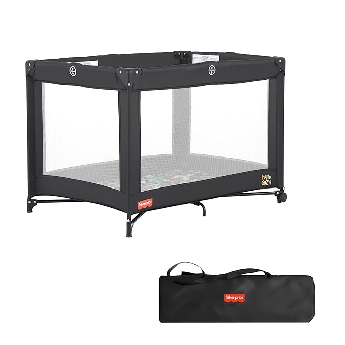 Dream On Me Fisher-Price Play All Day Portable Playard, ASTM Certified, Ideal for Babies & Toddler, One-Hand Fold, Breathable Mesh, Travel Playard with Carry Bag, Easy to Clean - Black