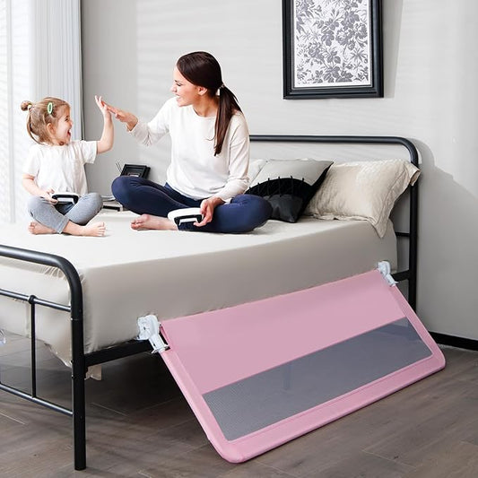 INFANS Bed Rail for Toddlers, 58" Foldable Safety Baby Crib Rail Fit for Kids Twin, Extra Long Swing Down Bed Guardrail for Convertible Crib, Queen, Full, King Mattress Side Guard (Pink)