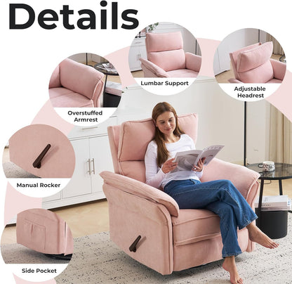 Oversized Glider Rocker Recliner, 26" Extra Wide 360° Swivel Nursery Recliner with Adjustable Headrest, Chenille Rocking Nursery Chair with Overstuffed Armrest, Lumbar Support, Light Grey