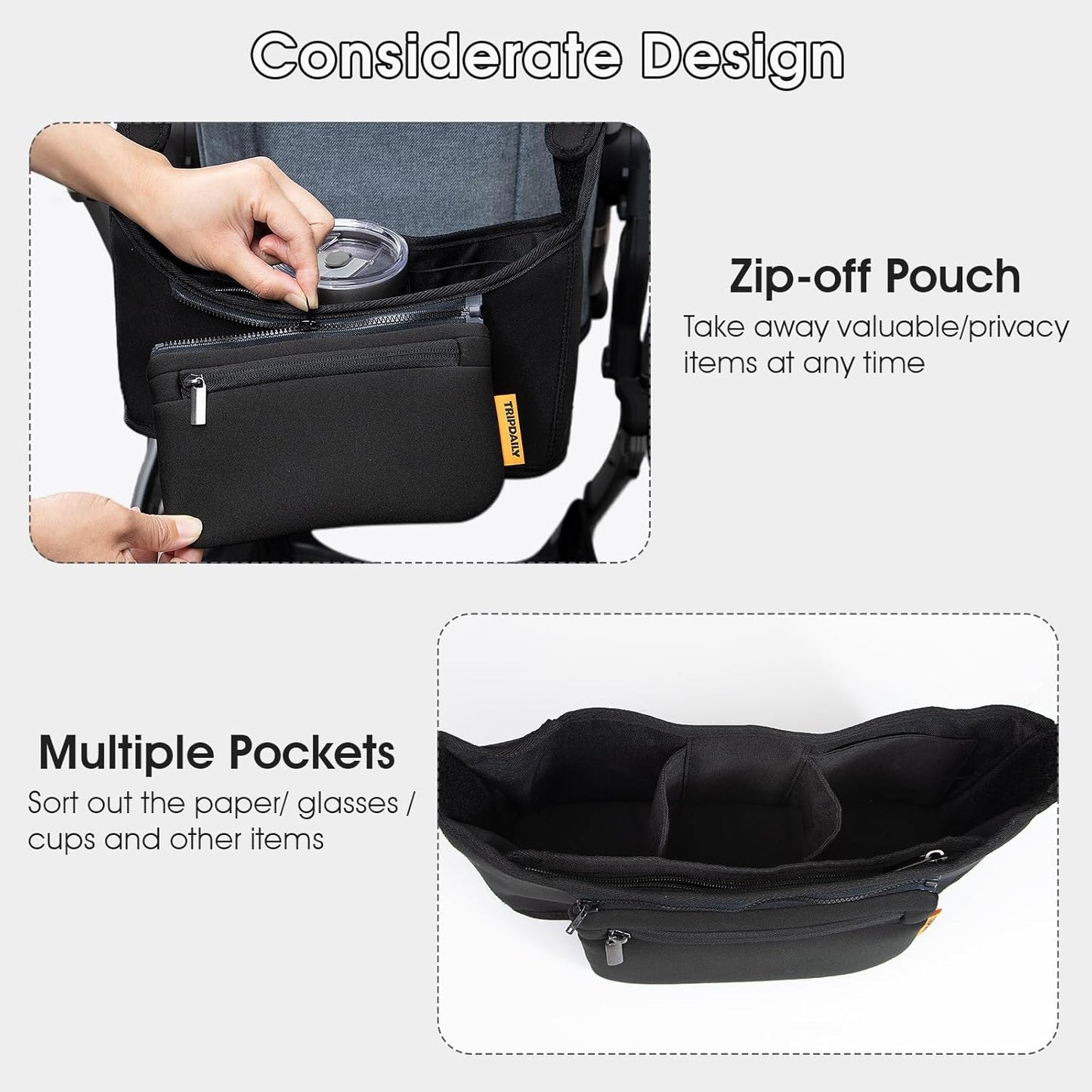 Parent Organizer Bag, Stroller Organizer Fits for Uppababy Vista, Cruz, Minu, Stroller Caddy with Cup Holder, Zippered Pocket, Multiple Pockets and Adjustable Straps, Easy to Carry