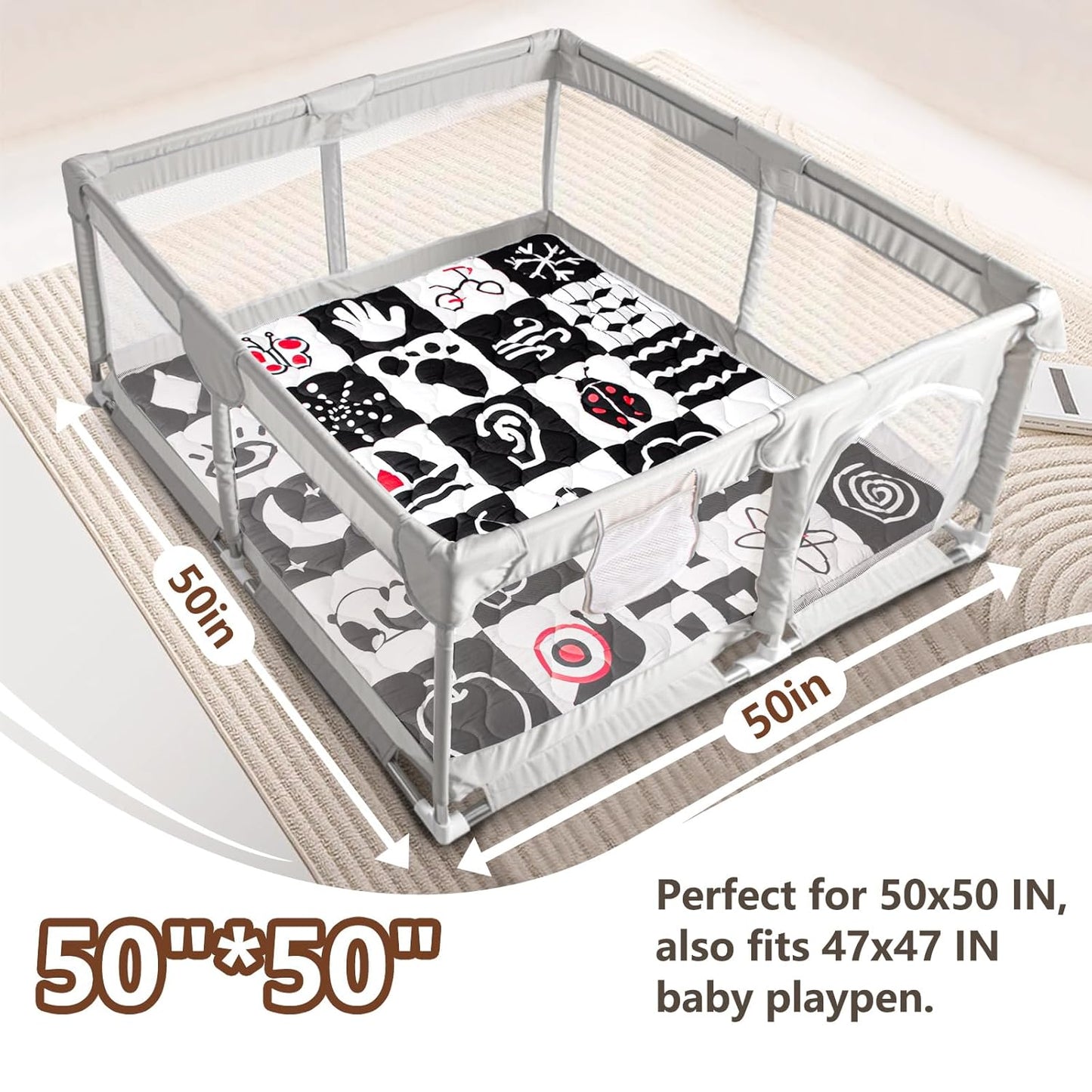 Baby Play Mat, 50x50 Playpen Mat with Super Soft Touch, Activity Mats with Upgraded Anti-Slip Bottom, Machine Washable Crawling Mats for Floor & Picnic (Animal Alphabets)