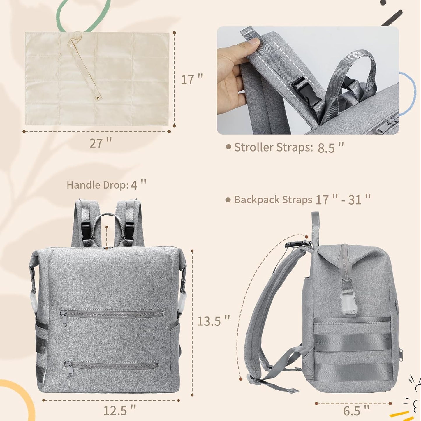 Omanmoli Diaper Bag Backpack,Large Neoprene Baby Bag for Boys Girls with 15 Diaper Bag Organizer,2 Insulated Pockets,Changing Pad,Stroller Straps,Gray
