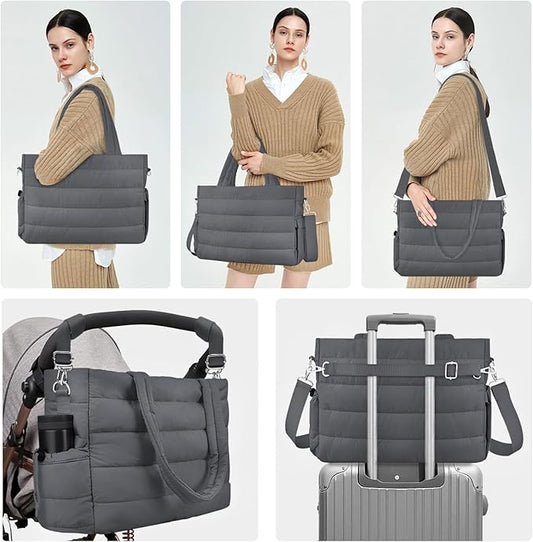 KUBYA Diaper Bag Tote, Puffer Diaper Tote Bags for Women Lightweight Travel Work Hospital Baby Bag Crossbody Mommy Bag