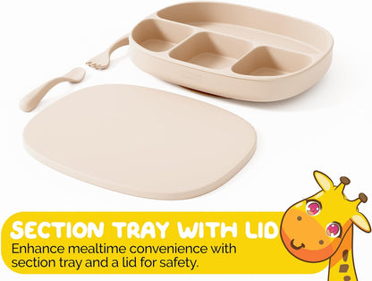 Toddler Necessities Baby Feeding Essentials Set for Baby in Green Color with Baby plates with Suction and Silicone Utensil Set - (3 Pieces)