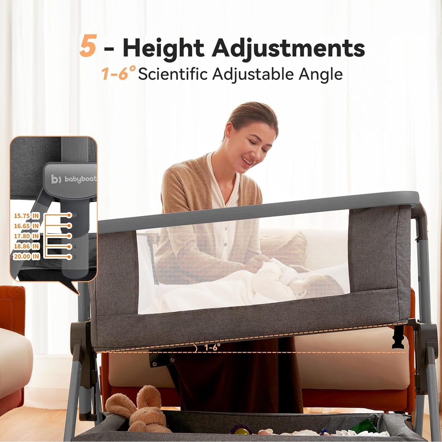 babyboat Baby Bassinet Bedside Sleeper 3 in 1 Collapsible Portable Crib with Storage Basket, Movable Wheels 5 Height Adjustable Co-Sleeper for Newborns - Grey | Soft Mattress, Collapsible Portable