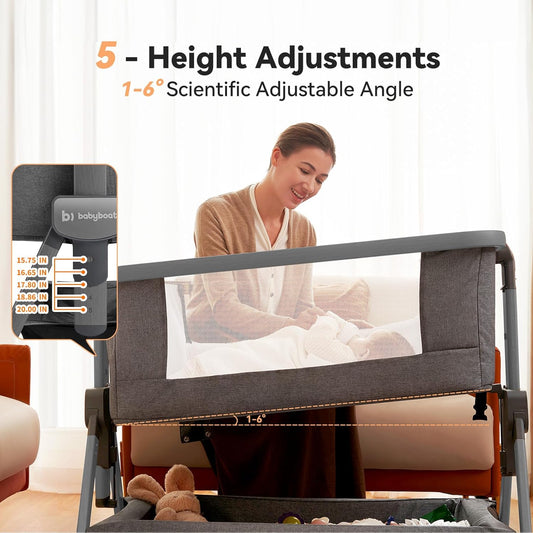 babyboat Baby Bassinet Bedside Sleeper 3 in 1 Collapsible Portable Crib with Storage Basket, Movable Wheels 5 Height Adjustable Co-Sleeper for Newborns - Grey | Soft Mattress, Collapsible Portable