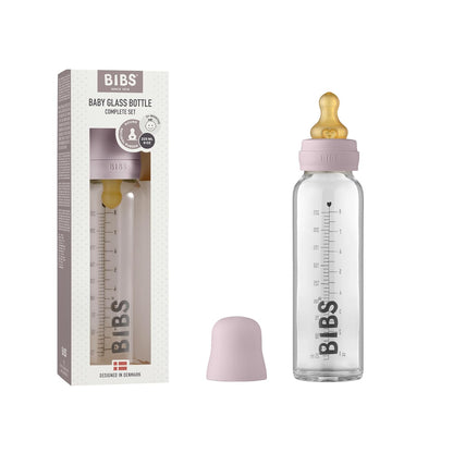 BIBS Baby Glass Bottle. Anti-Colic. Round Natural Rubber Latex Nipple. Supports Natural Breastfeeding, Complete Set - 110 ml, Cloud