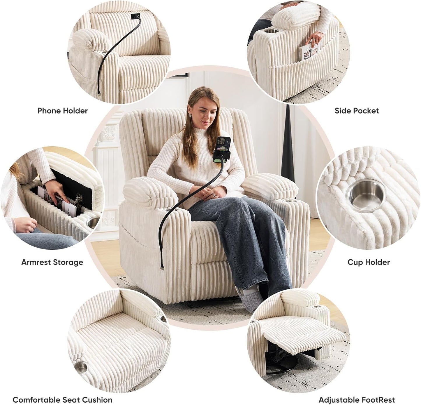 Oversized Power Recliner Chair with Massage and Heat, Swivel Rocker Recliner Chair for Adults with Arm Storage, Nursery Glider Recliner with Adjustable Headrest and Phone Stand, Side Pockets, Beige