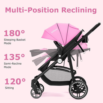 INFANS 2 in 1 Baby Stroller, High Landscape Infant Stroller & Reversible Bassinet Pram, Foldable Pushchair with Adjustable Canopy, Storage Basket, Cup Holder, Suspension Wheels (Black)