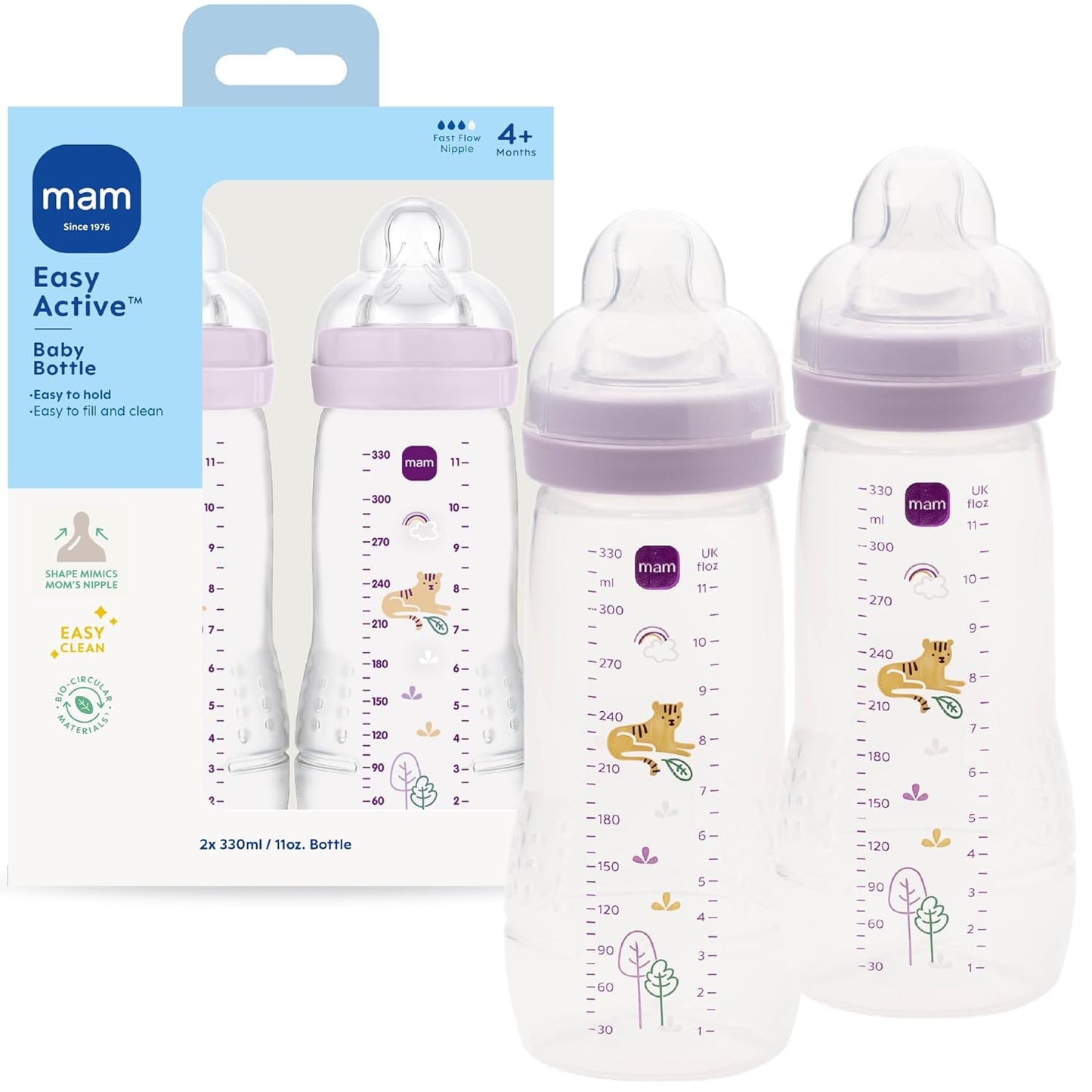 MAM Easy Active Baby Bottle 2 Pack, 11oz, BPA Free, Fast Flow Silicone Nipple, Anti-Slip Grip, Leak-Proof, 4+ Months, Cotton