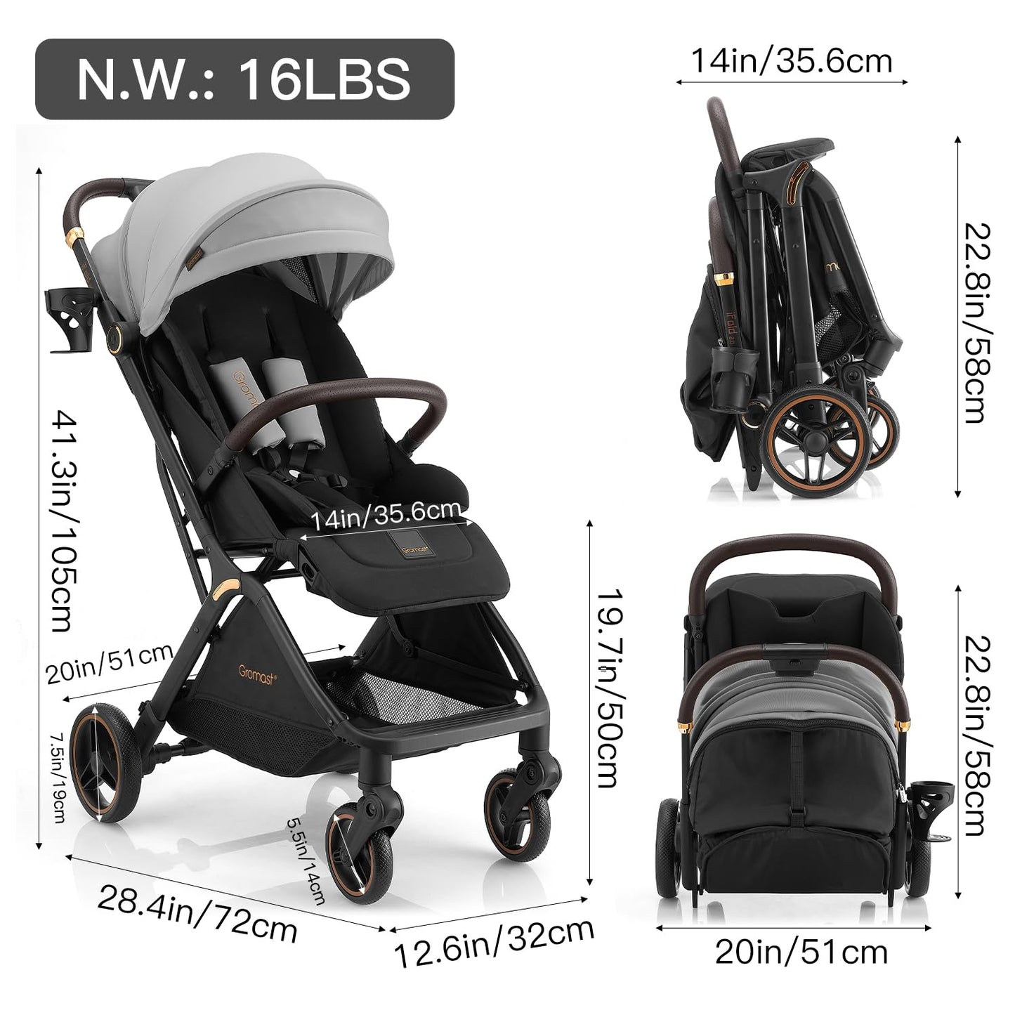 Gromast Gravity Folding Baby Stroller - Portable Travel Toddler Stroller w/Adjustable Backrest, Canopy & Cup Holder, Lightweight and UV Protected, One-Hand Automatic Folding - Green