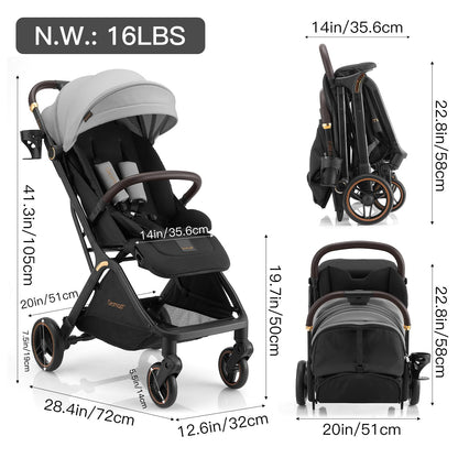 Gromast Gravity Folding Baby Stroller - Portable Travel Toddler Stroller w/Adjustable Backrest, Canopy & Cup Holder, Lightweight and UV Protected, One-Hand Automatic Folding - Green