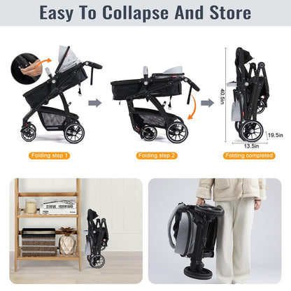 Baby Stroller, 2-in-1 Reversible Toddler Seat with Lie-Flat Mode, Foldable Infant Stroller with Canopy, One Button Brake, Adjustable Handle, Newborn Pushchair (Black B)
