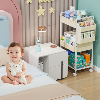 JBBTOOL 3-Tier Baby Diaper Caddy Cart with Wheels, Nursery Storage Organizer with Dividers & Pockets, Mobile Metal Utility Cart for Baby Essentials, Bedroom, Kitchen & Office