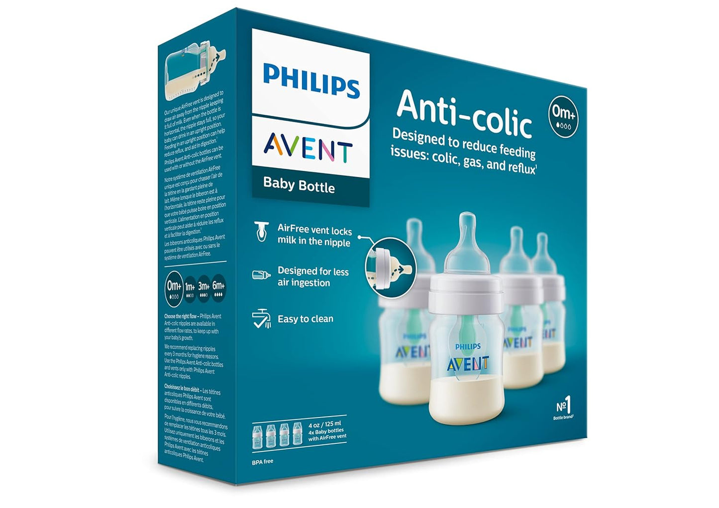 Philips Avent Anti-Colic Bottle with AirFree Vent, 4oz, with Flow 1 Nipples, 0m+, 4pk, Clear, SCY701/04