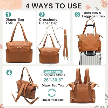 MOMINSIDE Diaper Bag Tote, 4 in 1 Leather Diaper Bag Backpack with 13 Pockets, Convertible Baby Bag for Boys Girls,Diaper Bags Baby Registry, Changing Pad, 4 Large Insulated Pockets(Brown)