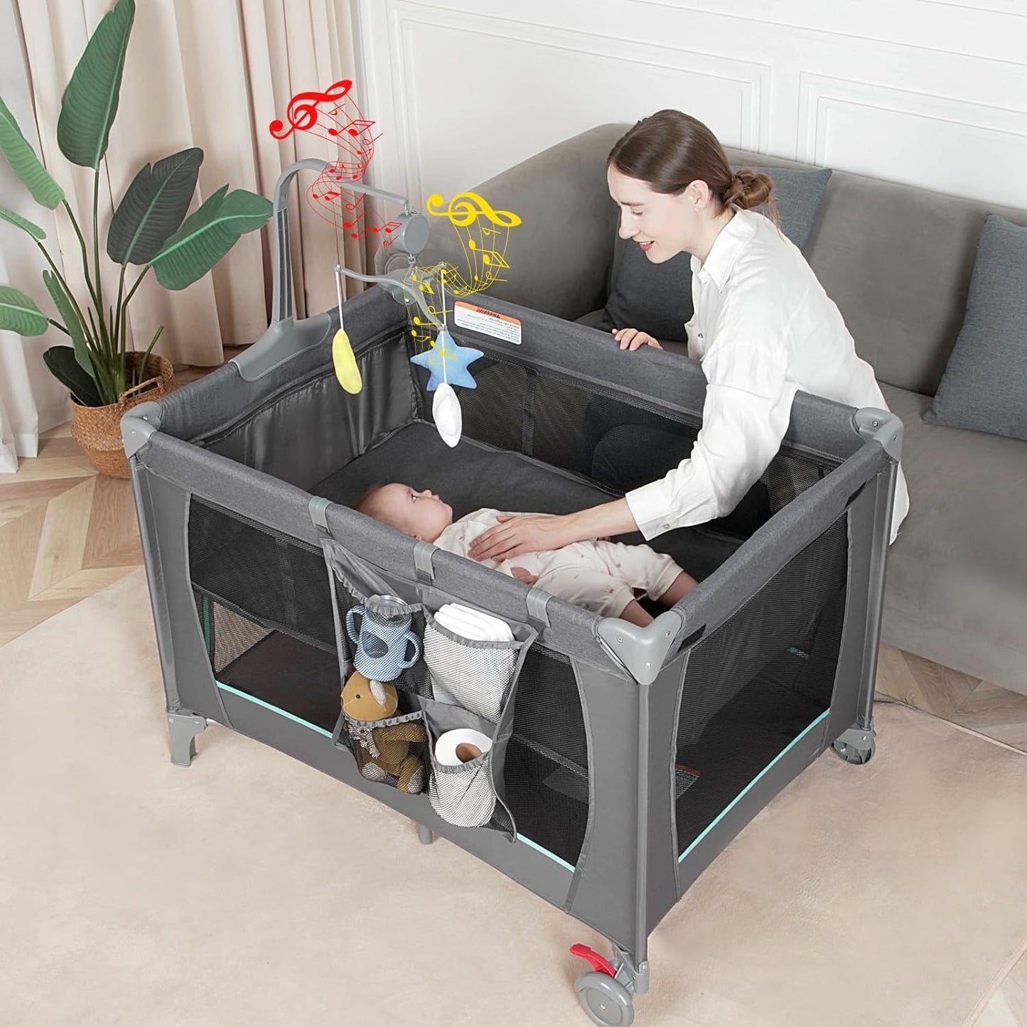 Pack and Play with Changing Table & Carry Bag, 4-in-1 Portable Crib Playpen for Newborn to Toddler, ASTM Certified Foldable Travel Crib with Bassinet(A-Black)