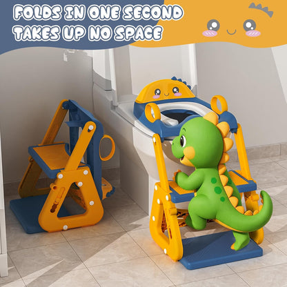 Potty Training Seat, Upgrade 2 in 1 Potty Training Toilet with Step Stool Foldable Toddler Toilet Seat for Kids Boys Girls Toddler Potty with Splash Guard Anti-Slip Pad Adjustable Ladder & Seat Height