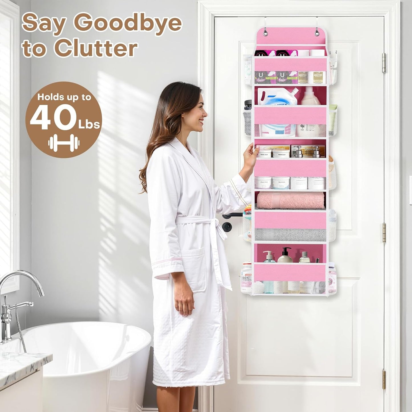 SpaceWhisper Over the Door Organizer, 4 Large Pocket Hanging Storage Organizer with 40lb Capacity, Space Saving for Nursery, Bathroom, Bedroom, Closet - Baby Essentials & Toiletry Organizer (Pink)