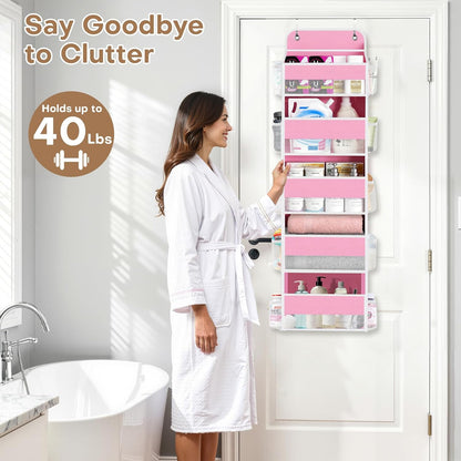 SpaceWhisper Over the Door Organizer, 4 Large Pocket Hanging Storage Organizer with 40lb Capacity, Space Saving for Nursery, Bathroom, Bedroom, Closet - Baby Essentials & Toiletry Organizer (Pink)