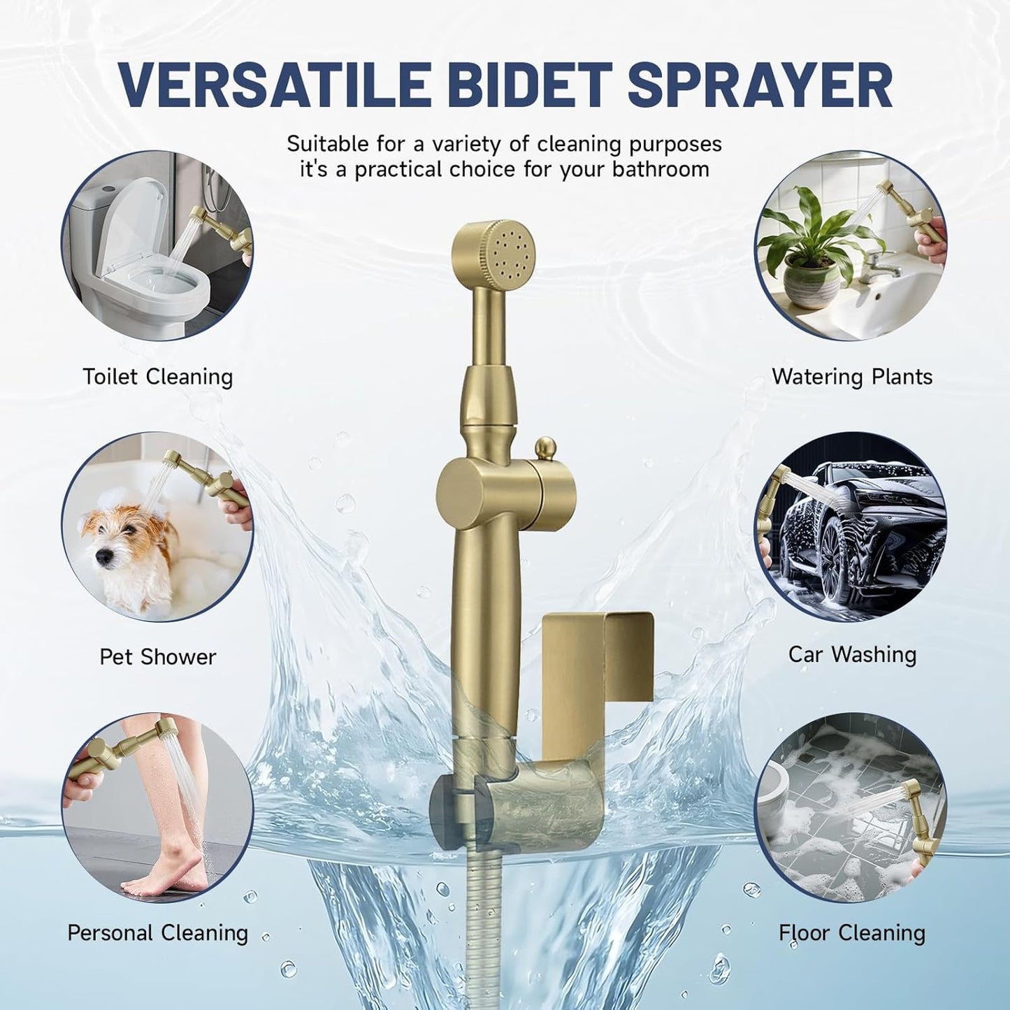 Chrome Handheld Bidet Sprayer for Toilet with Bidet Hose Brass Cloth Diaper Sprayer Bathroom Toilet Attachment for Feminine Wash, Wall Mount or Toilet Mount