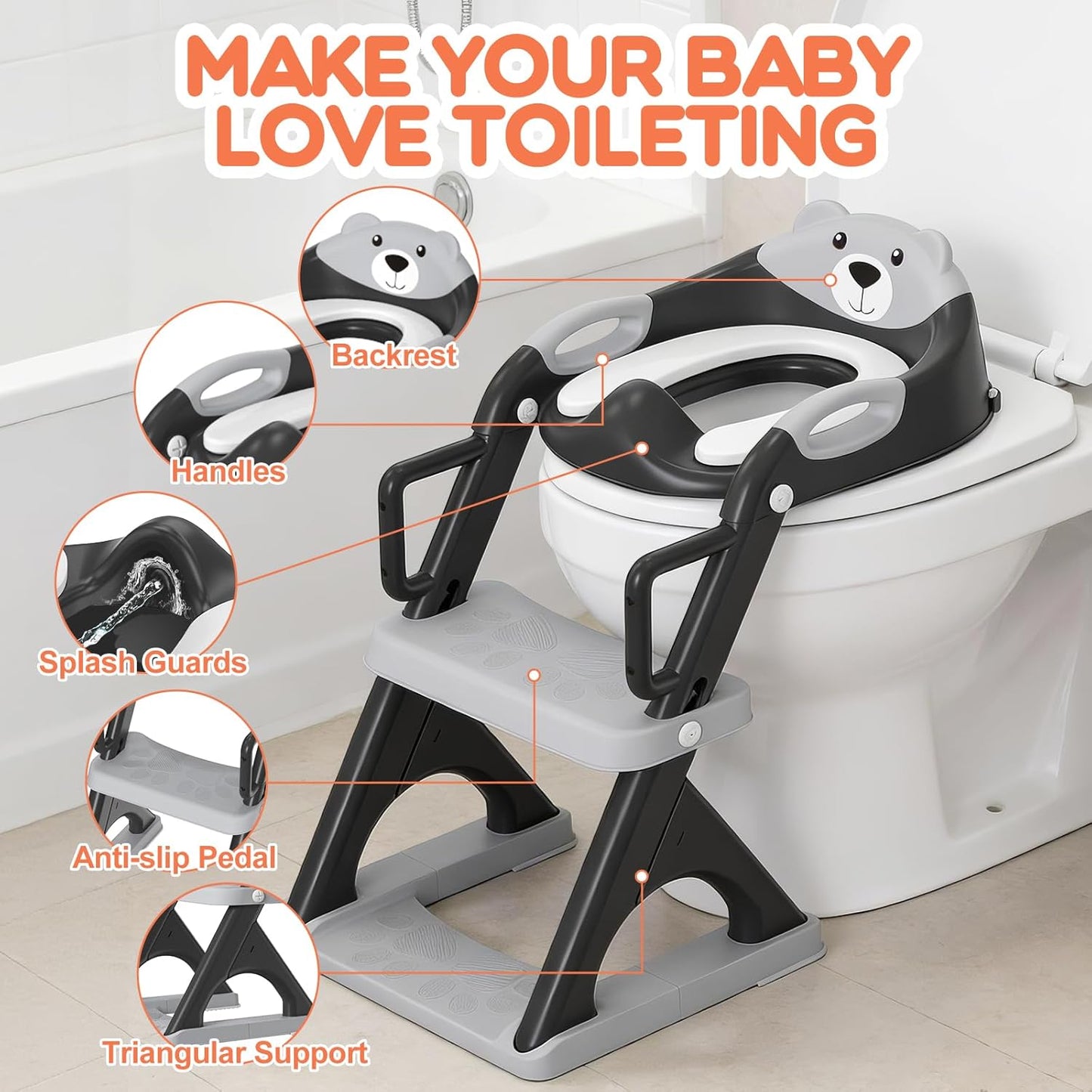 Potty Training Seat, SKYROKU Upgrade Toddler Toilet Seat for Kids Boys Girls, 2 in 1 Potty Training Toilet, Splash Guard Anti-Slip Pad Step Stool,New Sector-Shape Stabilized Base (8899+Grey)