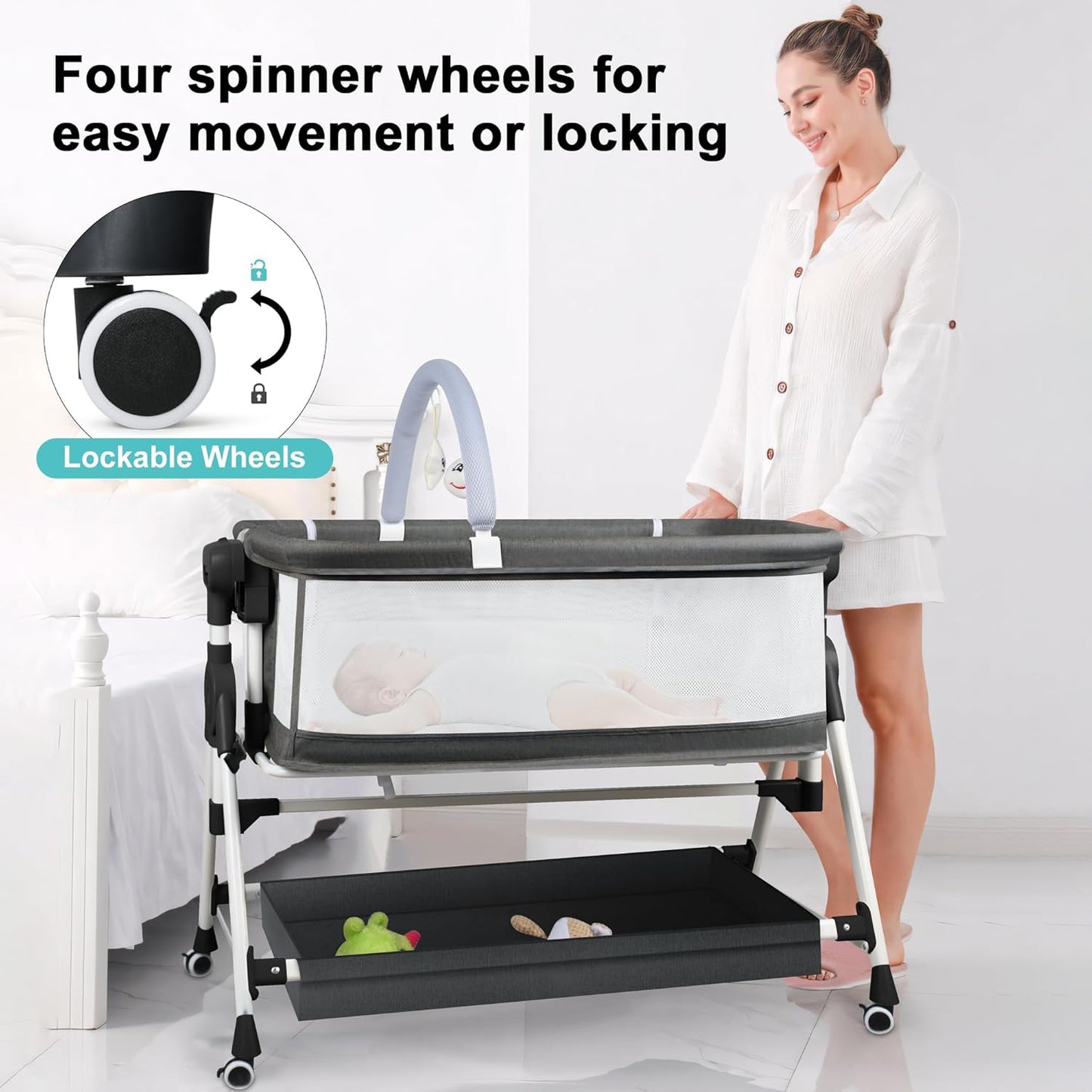 VOOI Baby Bassinet Bedside Sleeper, 3 in 1 Rocking Bassinet for Baby, Bassinet Bedside Sleeper with Wheels, Adjustable Height, Storage Basket, Mattress & Canopy, Bed Side Bassinet for Newborn