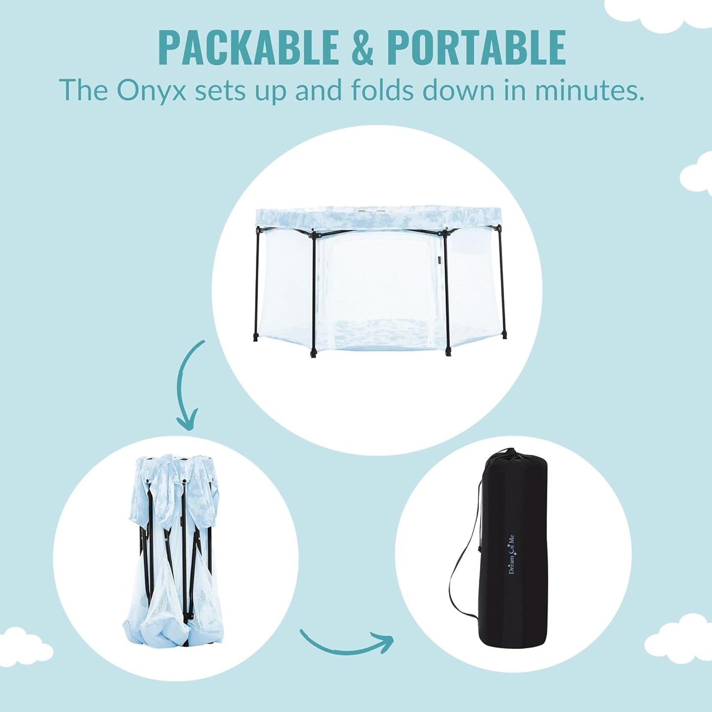 Dream On Me Onyx Baby Playpen, Zipper Access Door, Breathable Mesh Sides, Soft Comfortable Mattress Padded Floor, Easy Fold Design with Travel Carry Bag, Compact Easy to Fold Design - Sky Blue