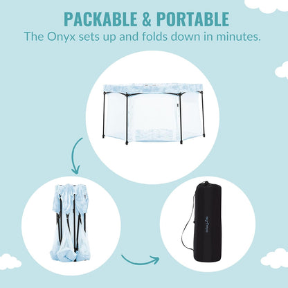 Dream On Me Onyx Baby Playpen, Zipper Access Door, Breathable Mesh Sides, Soft Comfortable Mattress Padded Floor, Easy Fold Design with Travel Carry Bag, Compact Easy to Fold Design - Sky Blue