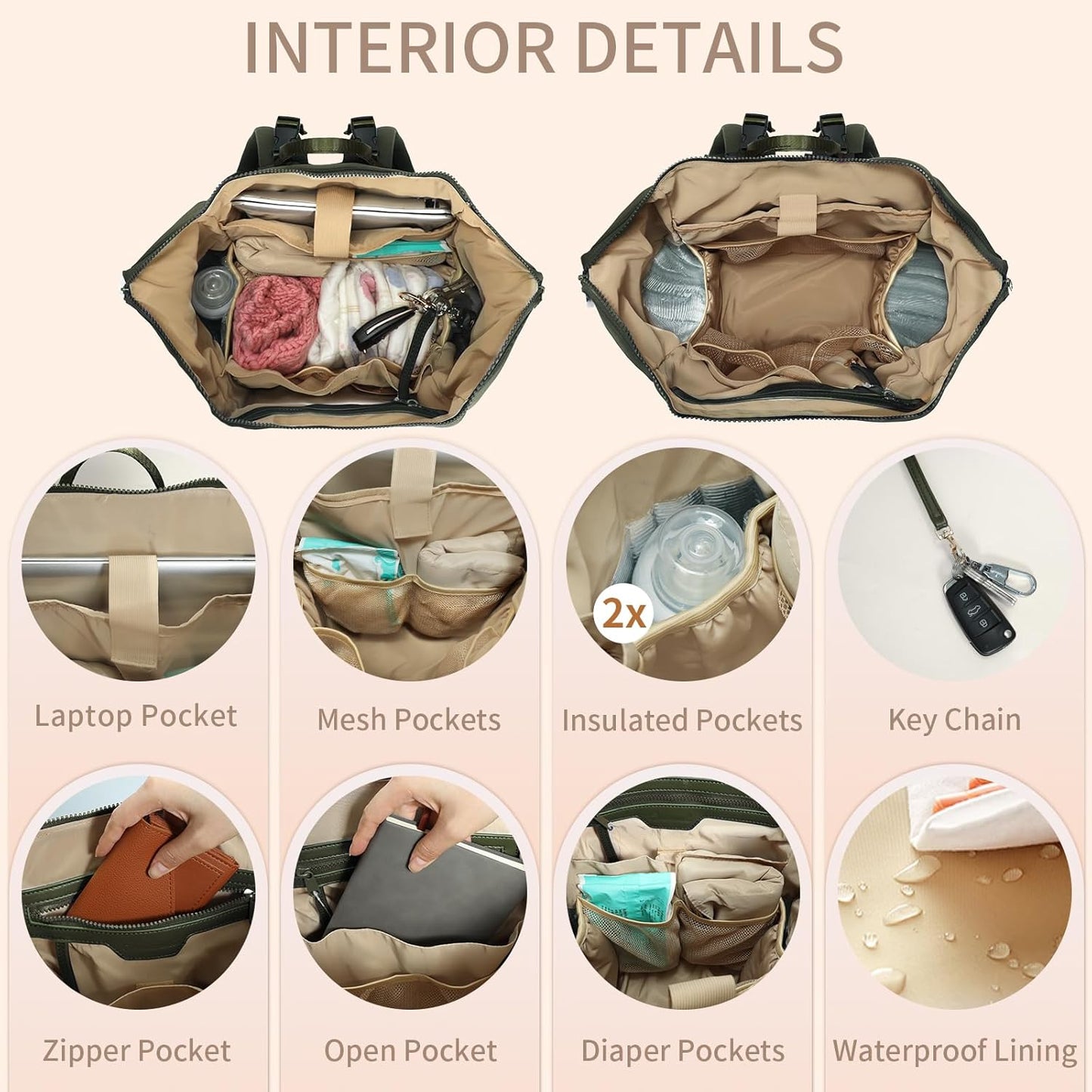 Omanmoli Diaper Bag Backpack,Large Neoprene Baby Bag for Boys Girls with 15 Diaper Bag Organizer,2 Insulated Pockets,Changing Pad,Stroller Straps,Gray