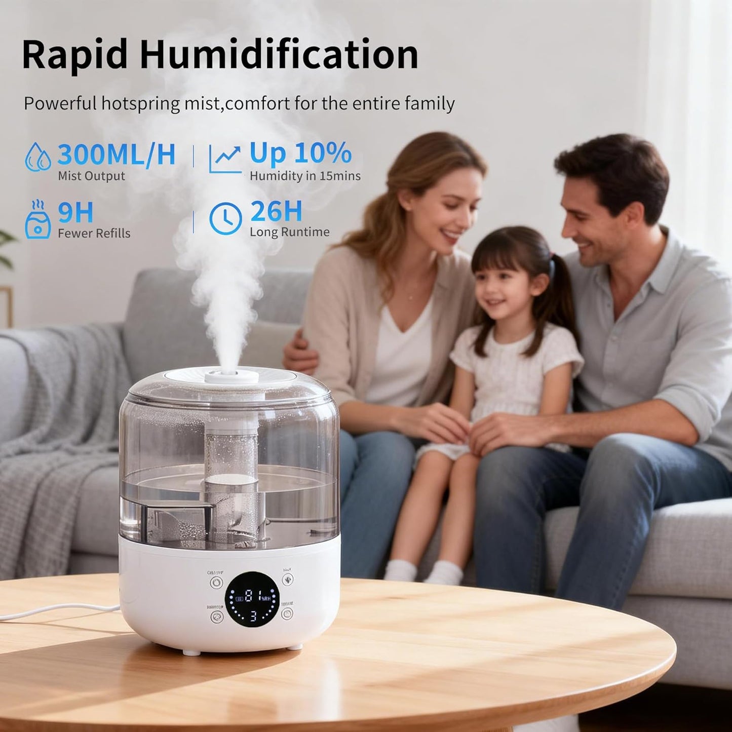 Humidifiers for Bedroom, 3L Top Fill 26H & Quiet Runtime for Large Room, Cool Mist Ultrasonic Humidifier with Humidity Sensor, Aroma Diffuser, Air Humidifier for Home, Baby, Nursery, Plants