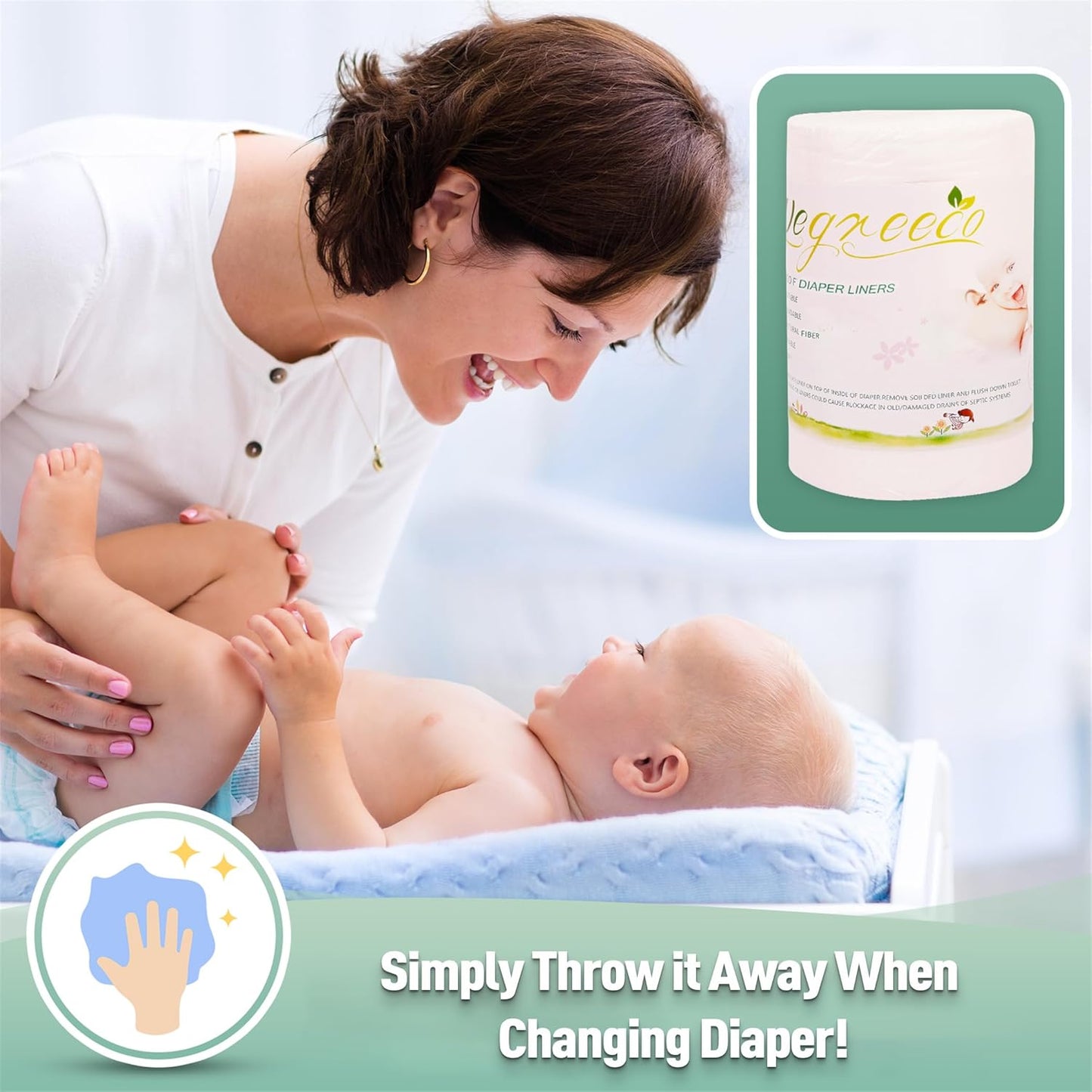 wegreeco Unscented Diaper Liners,Fragance Free and Chlorine Free - 100 Sheets Per Roll (1 Roll)