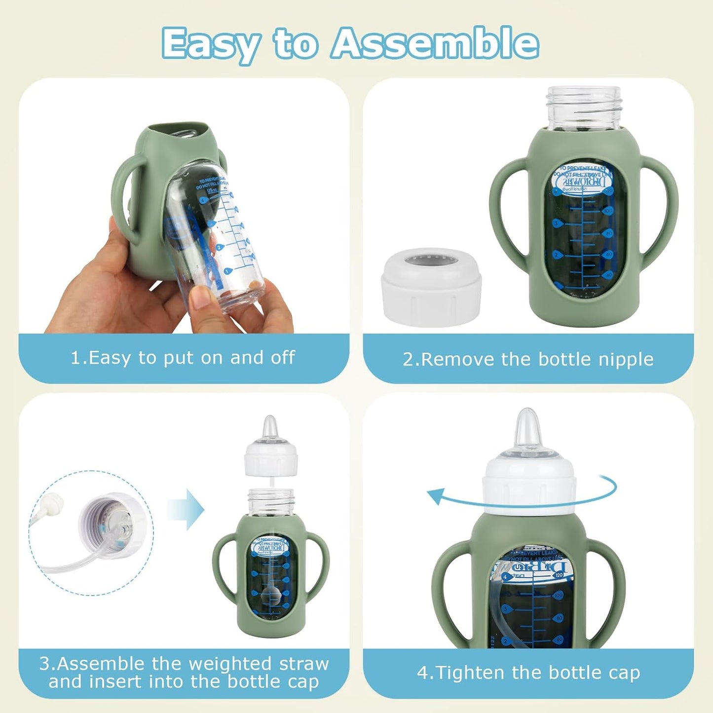 Sippy Straw Cup Conversion Kit with Silicone Sleeves for Dr. Brown's Narrow Glass Baby Bottle 4oz,Anti Breakage Baby Bottles Replacement Kit with Handle and Soft Sippy Spout,6m+,Set of 3