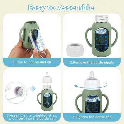 Sippy Straw Cup Conversion Kit with Silicone Sleeves for Dr. Brown's Narrow Glass Baby Bottle 4oz,Anti Breakage Baby Bottles Replacement Kit with Handle and Soft Sippy Spout,6m+,Set of 3