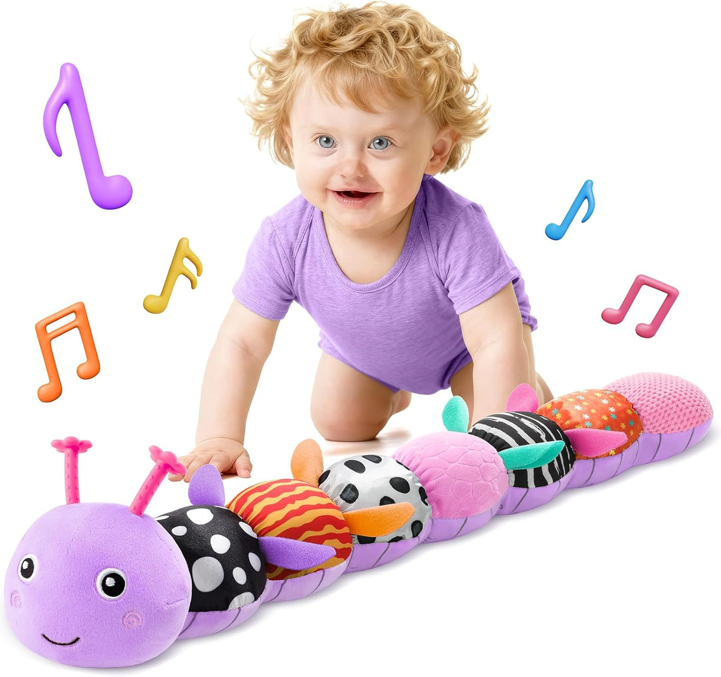 HEMRLY Baby Sensory Toy 0-6 Months, Musical Stuffed Caterpillar Plush with Teether, Crinkle, Rattle, Baby Mirror for Tummy Time, Infant Car Seat Toy for 0-3-6-12 Month Boys Girls Gifts - Knotted Green