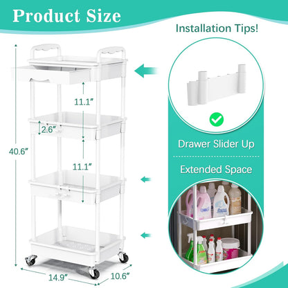 SUNALLY 3 Tier Rolling Cart with Drawer, Bathroom Storage Organizer with 2 Lockable Wheels, Multifunctional Rolling Storage Cart for Bathroom, Kitchen, Office, Craft, Makeup, Baby Essentials, White