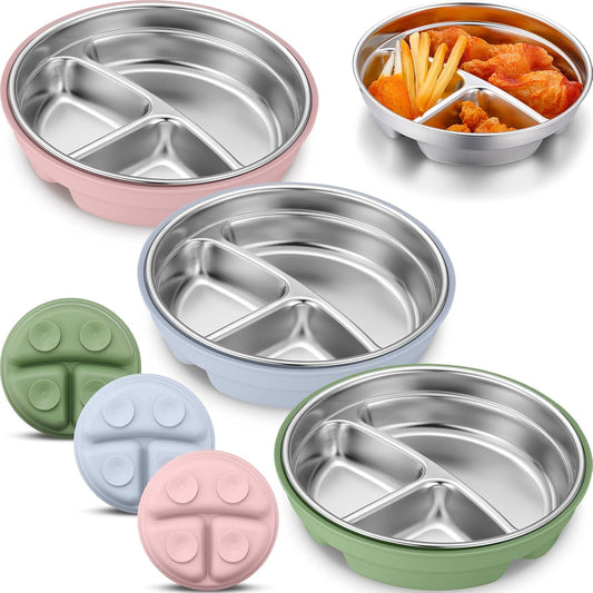 Nuogo 2 Pcs Stainless Steel Baby Suction Plates with Removable Silicone Shell 2-in-1 Metal Toddler Bowl Divided for Picky Eaters Kids Feeding Led Weaning Supplies, Dishwasher Safe (Purple,Green)