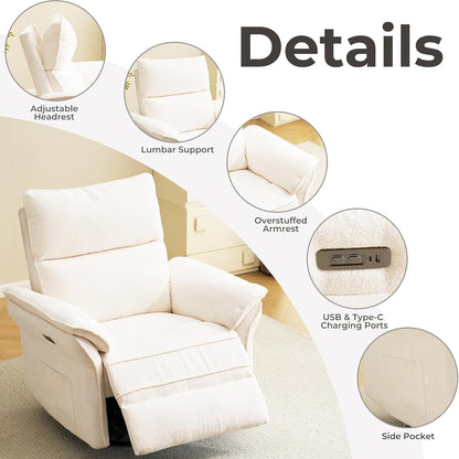 Oversized Glider Rocker Recliner, 26" Extra Wide 360° Swivel Nursery Recliner with Adjustable Headrest, Chenille Rocking Nursery Chair with Overstuffed Armrest, Lumbar Support, Light Grey