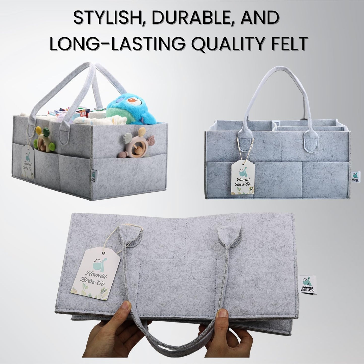 Hamid Baby Diaper Caddy Organizer – Includes Infant Face Cleaning Towel – Large Portable Nursery Storage Basket with 3 Compartments, 8 Pockets, Removable Dividers – Car, Travel Diaper Bag - Grey