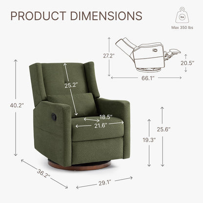 KISLOT Swivel Rocker Recliner Chair, Nursery Glider Recliner with Wood Base Manual Rocking Comfy Upholstered Fabric Reclining Single Sofa for Nursery Bedroom Living Room