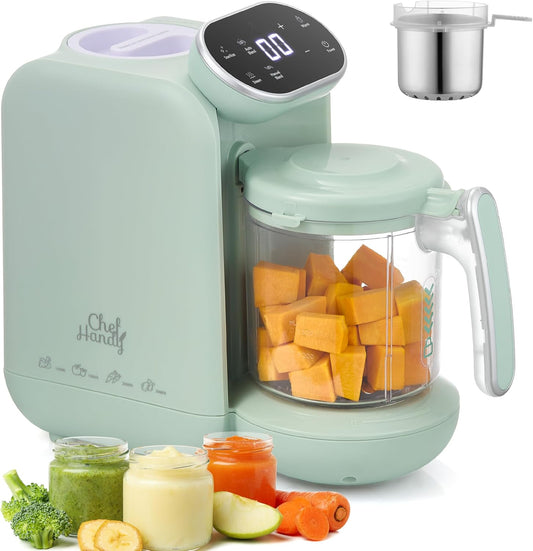 Chefhandy Baby Food Maker, Steamer & Blender with Stainless Steel Basket, Puree Maker with Auto/Manual Blend, Bottle Warmer & Sterili-zer, Safe & Easy-to-Clean Compact Baby Food Processor (Yellow)